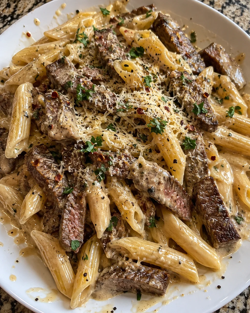 Creamy Penne with Garlic Parmesan Steak