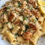 Creamy Rigatoni Parmesan with chicken bites, lemon, and garlic.