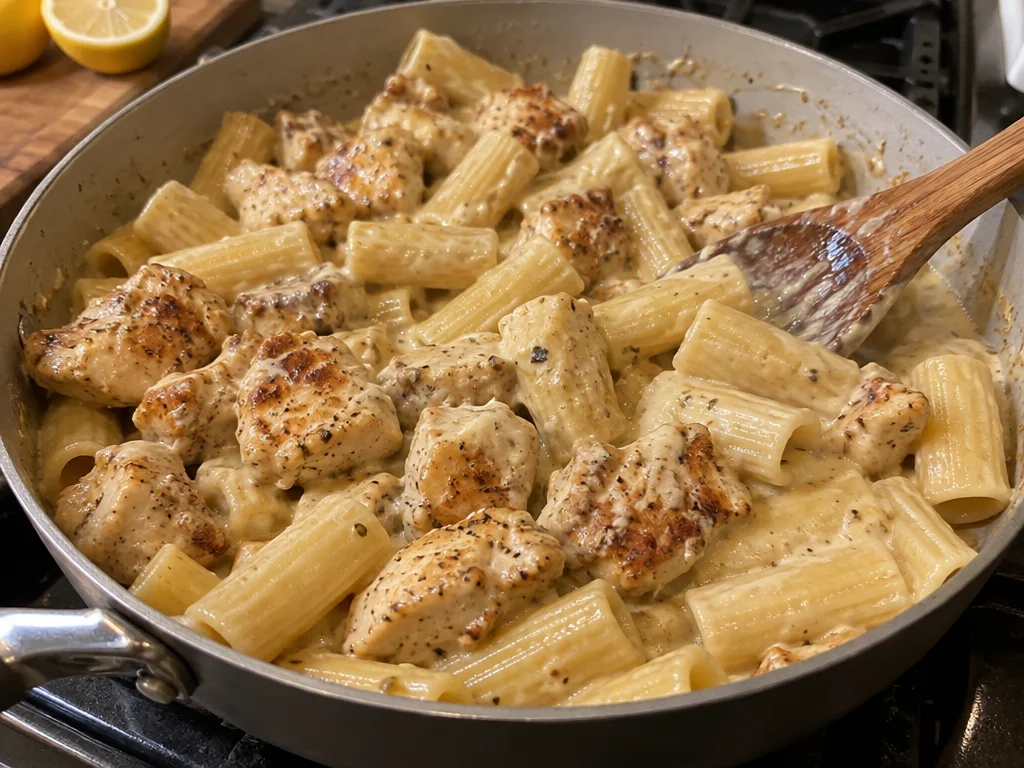 Creamy Rigatoni Parmesan with Lemon & Garlic Chicken Bites