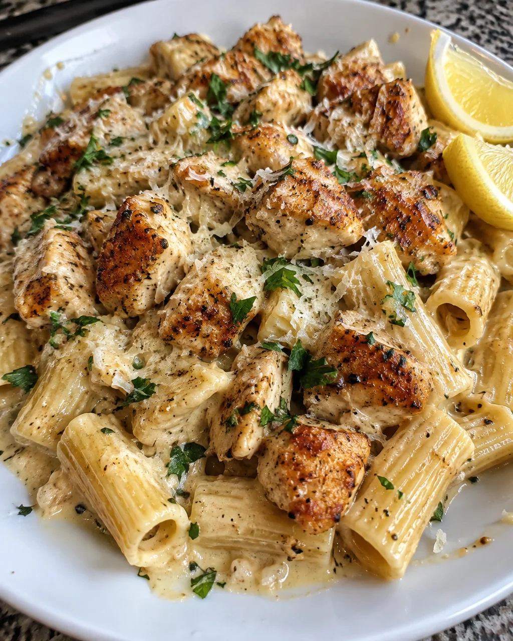 Creamy Rigatoni Parmesan with Lemon & Garlic Chicken Bites