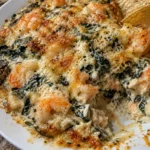 Creamy shrimp and crab dip with spinach, garlic, and parmesan in a serving bowl.