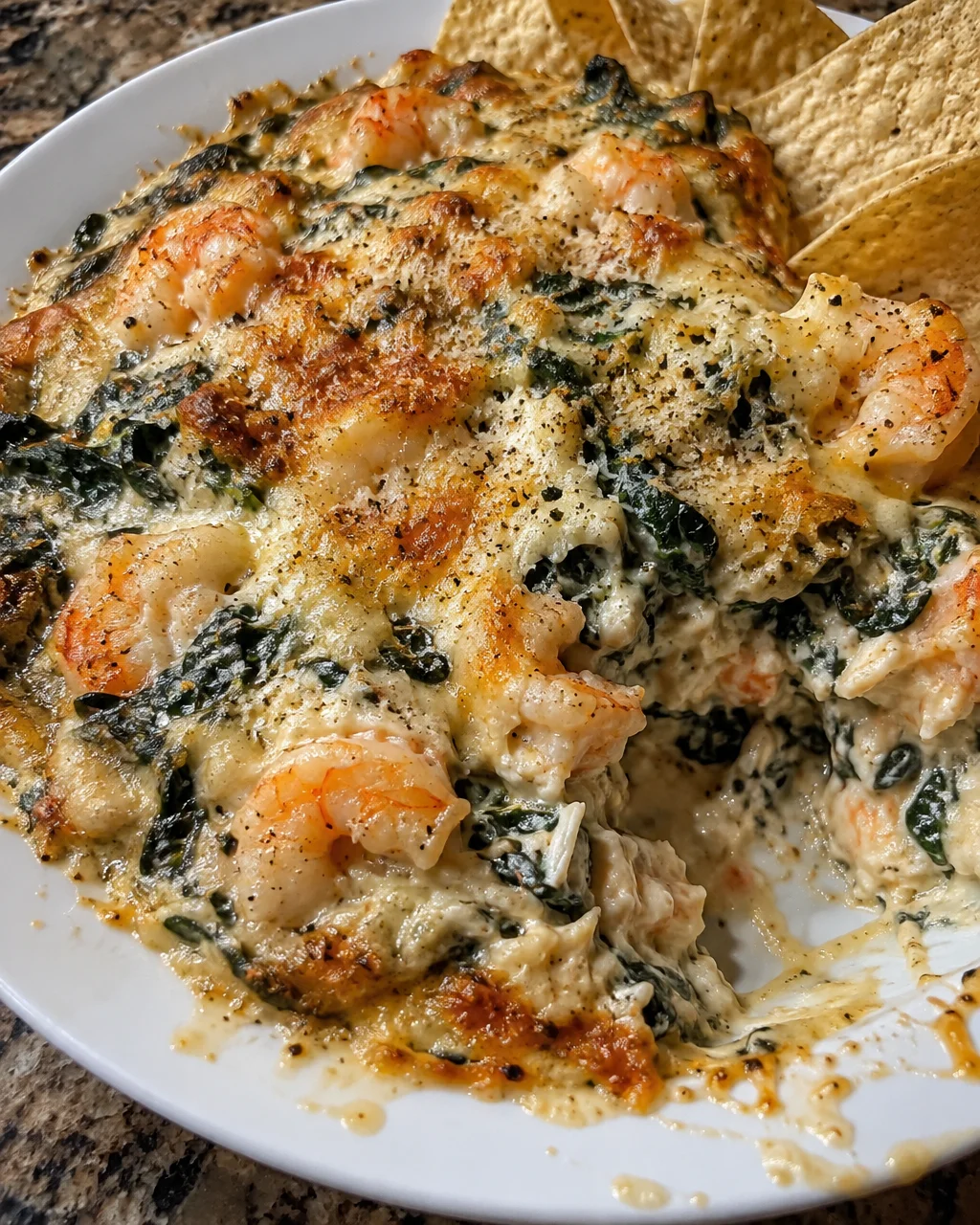 Creamy shrimp and crab dip with spinach, garlic, and parmesan in a serving bowl.