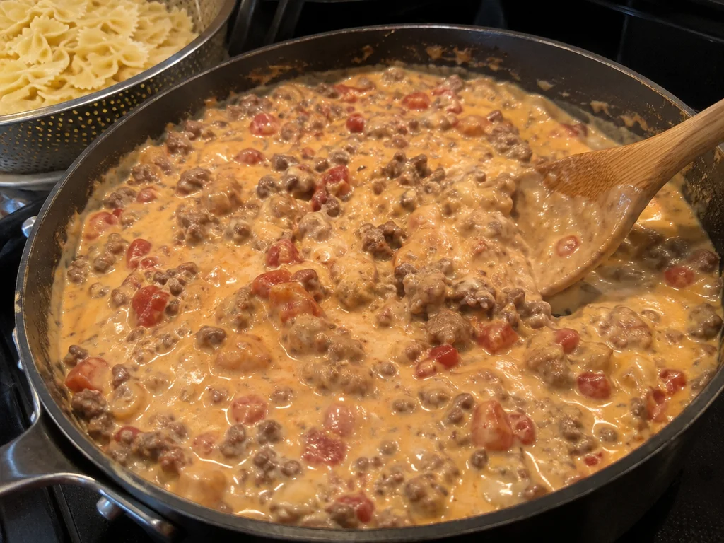 Creamy Velveeta Bowtie Pasta with Beef