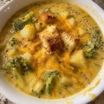 Crockpot Broccoli Potato Cheddar Soup served in a bowl with bread on the side