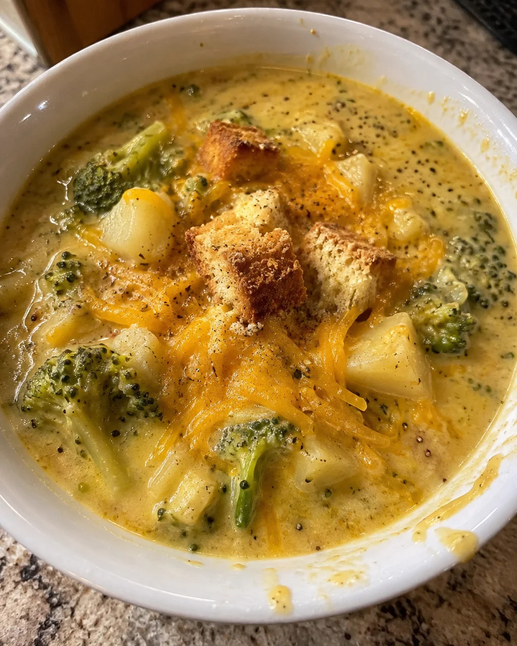 Crockpot Broccoli Potato Cheddar Soup served in a bowl with bread on the side