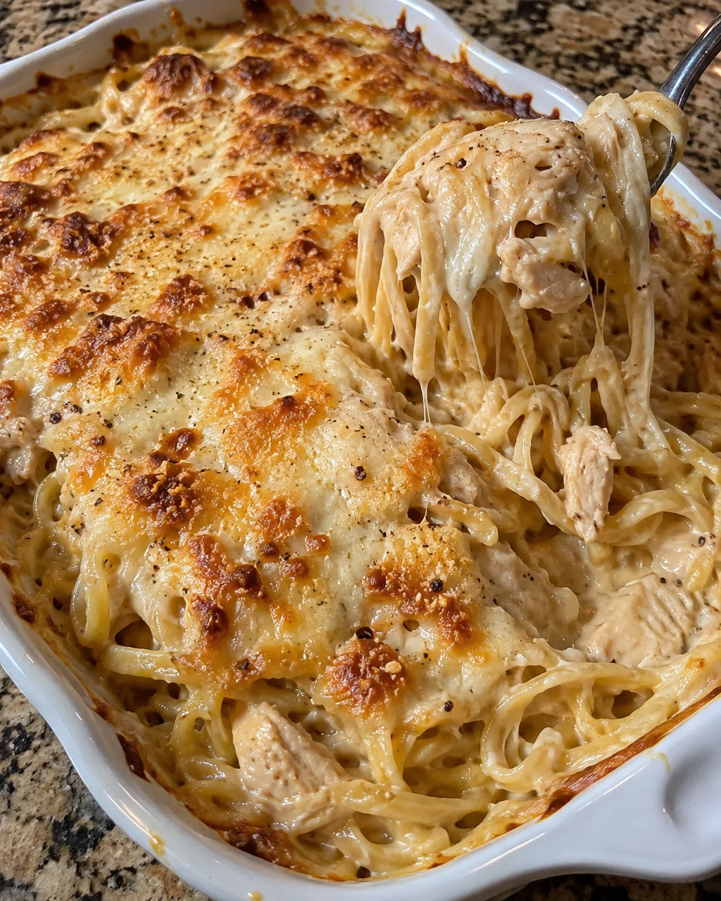 Delicious serving of easy Chicken Tetrazzini pasta bake with creamy sauce.