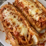 Garlic bread sub sandwich stuffed with spaghetti and topped with cheese.