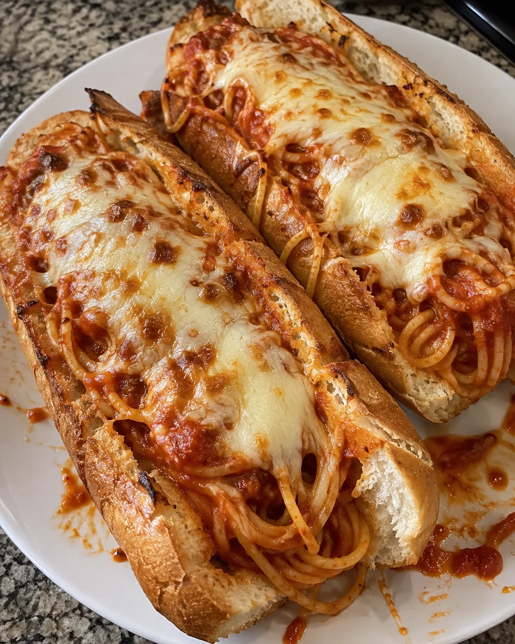 Garlic bread sub sandwich stuffed with spaghetti and topped with cheese.