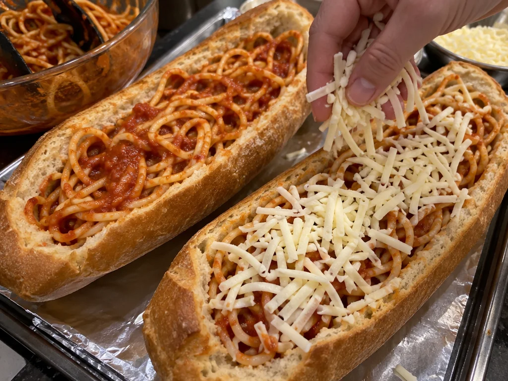 Garlic Bread Subs Stuffed With Spaghetti