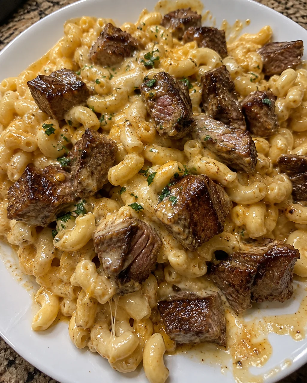 Garlic Butter Steak Bites served with creamy mac and cheese