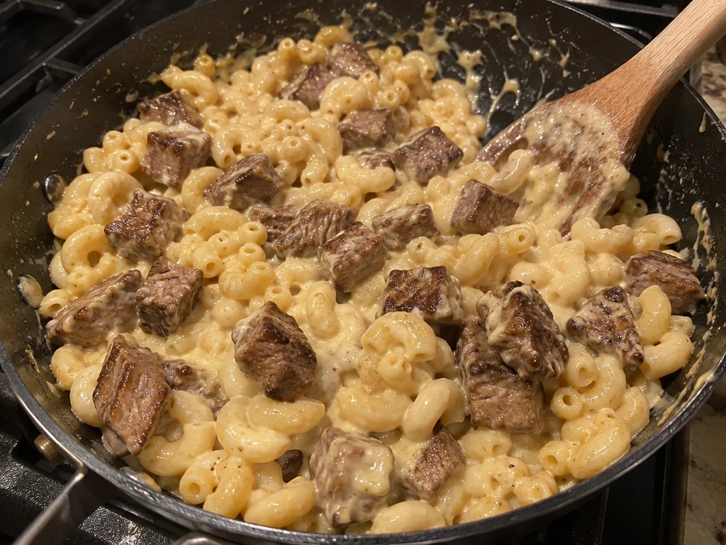 Garlic Butter Steak Bites with Mac & Cheese