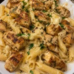 Garlic Herb Chicken Bites served with Cheesy Penne Pasta for a hearty meal