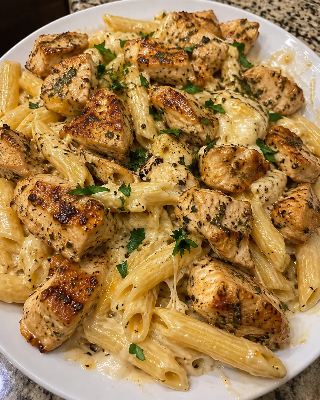 Garlic Herb Chicken Bites served with Cheesy Penne Pasta for a hearty meal
