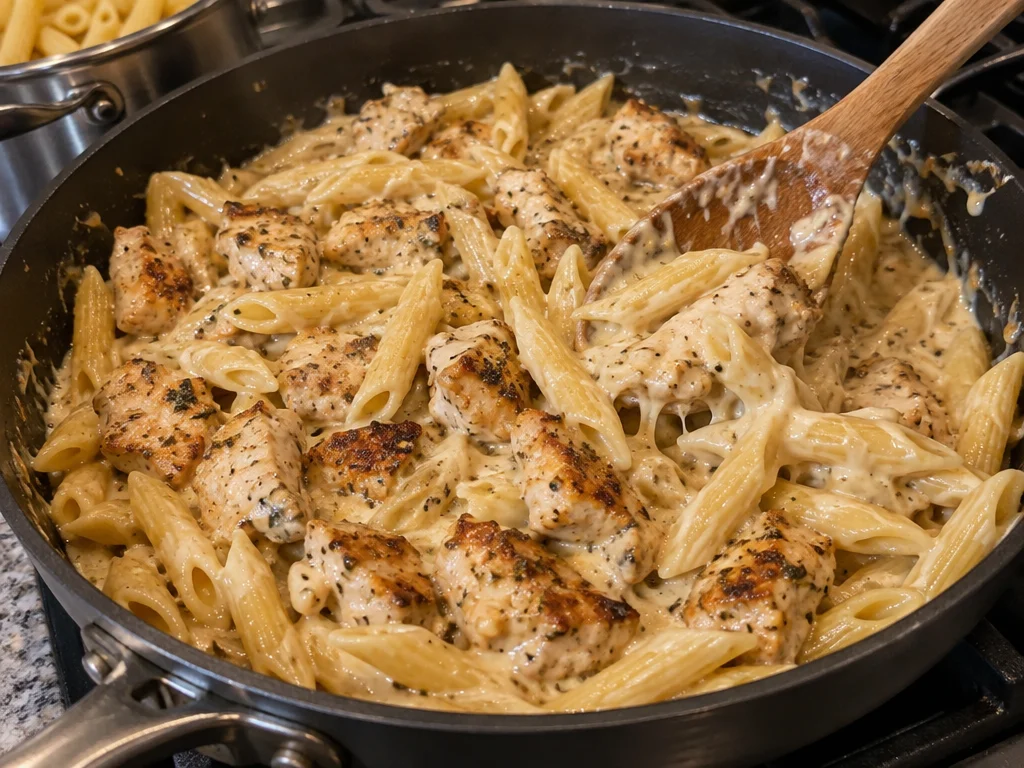Garlic Herb Chicken Bites with Cheesy Penne Pasta
