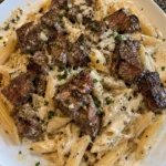 Garlic Herb Steak Bites served with cheesy penne pasta on a plate