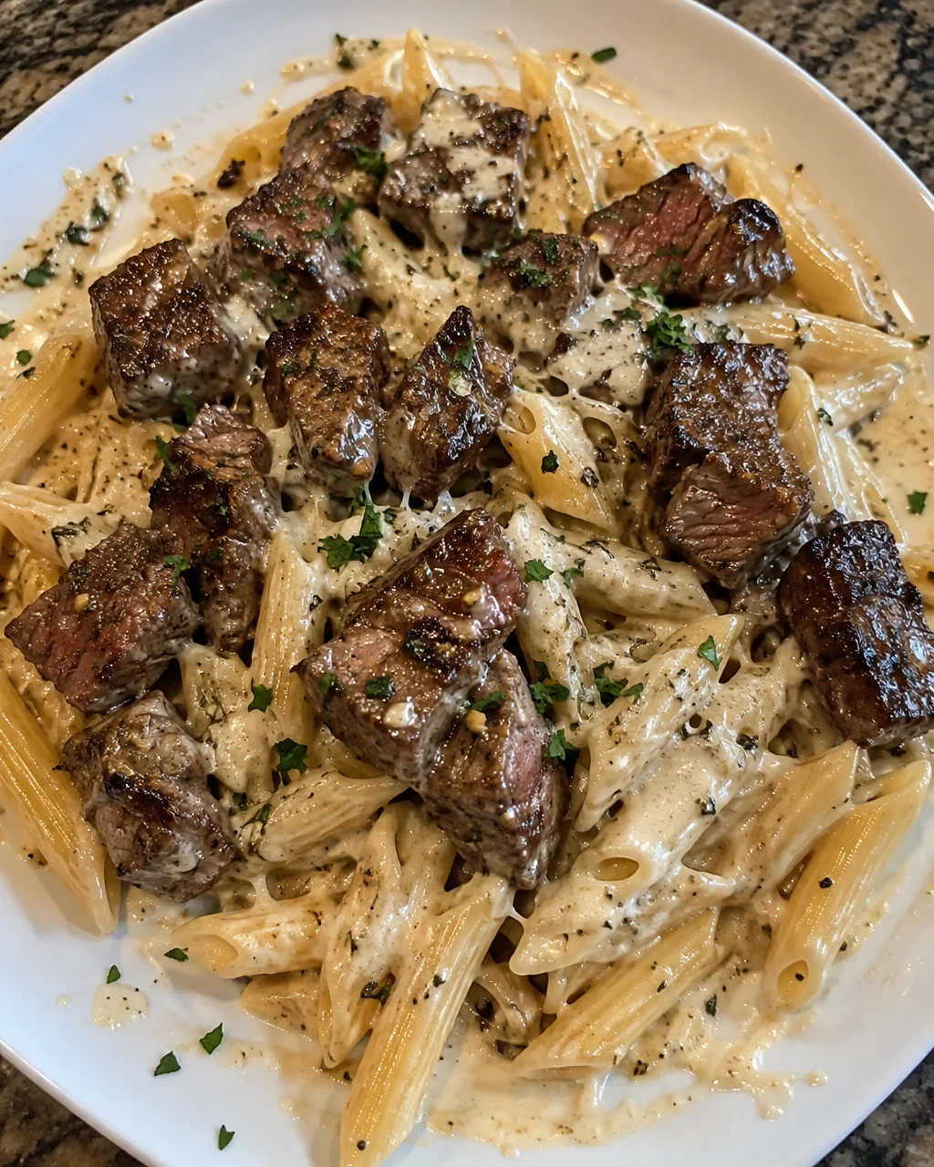Garlic Herb Steak Bites served with cheesy penne pasta on a plate