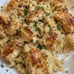 Garlic Parmesan Rice served with crispy chicken bites on a plate