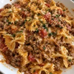 Ground beef bowtie pasta dish with tomatoes and herbs