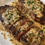 Plate of Haunted Steak drizzled with bourbon garlic cream sauce