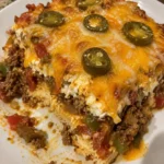 A delicious serving of John Wayne's Casserole topped with cheese and fresh herbs.