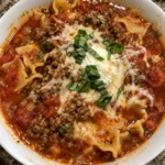 Delicious lasagna soup in a bowl garnished with herbs and cheese.