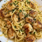 A plate of Lemon Parmesan Linguine with garlic butter chicken bites garnished with parsley.