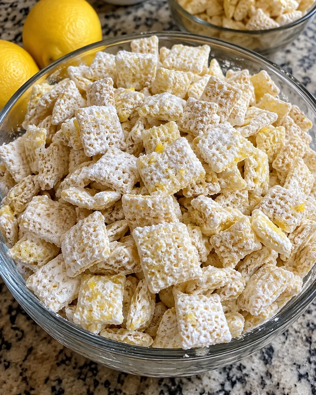 Lemonade Puppy Chow Snack Mix in a bowl with a refreshing lemon theme