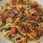 One-Pan Creamy Tuscan Parmesan Chicken served with herbs and pasta