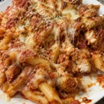 Delicious Parmesan Chicken Casserole topped with melted cheese and herbs.