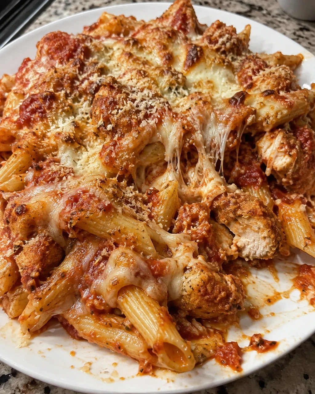 Delicious Parmesan Chicken Casserole topped with melted cheese and herbs.