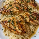 Parmesan Rice served with Garlic Butter Chicken on a plate
