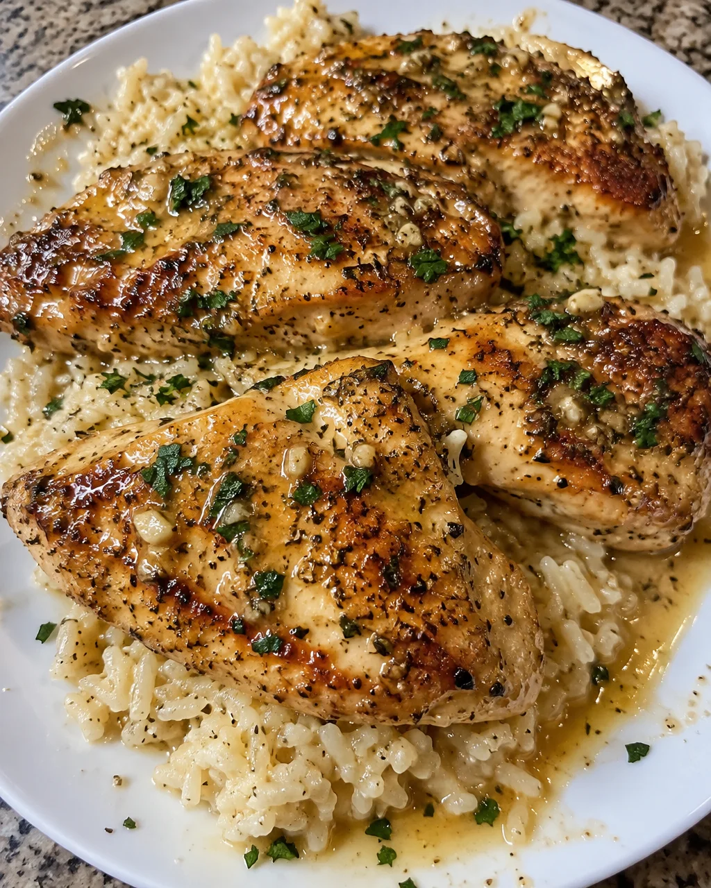 Parmesan Rice served with Garlic Butter Chicken on a plate