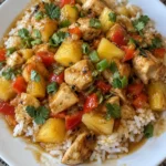Delicious pineapple chicken served over rice with vibrant vegetables.