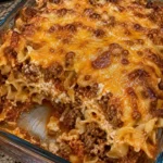 Delicious Poor Man's Husband Casserole with beef, cheese, and noodles.