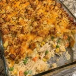 Delicious rotisserie chicken with stuffing casserole served in a baking dish