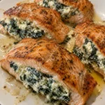 Salmon stuffed with creamy spinach on a plate ready to serve.