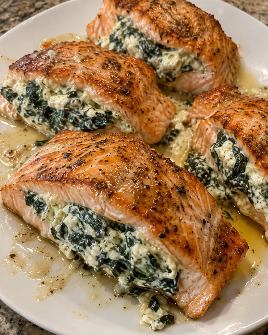 Salmon stuffed with creamy spinach on a plate ready to serve.