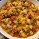 Bowl of slow cooker macaroni cheeseburger soup garnished with cheese and herbs.