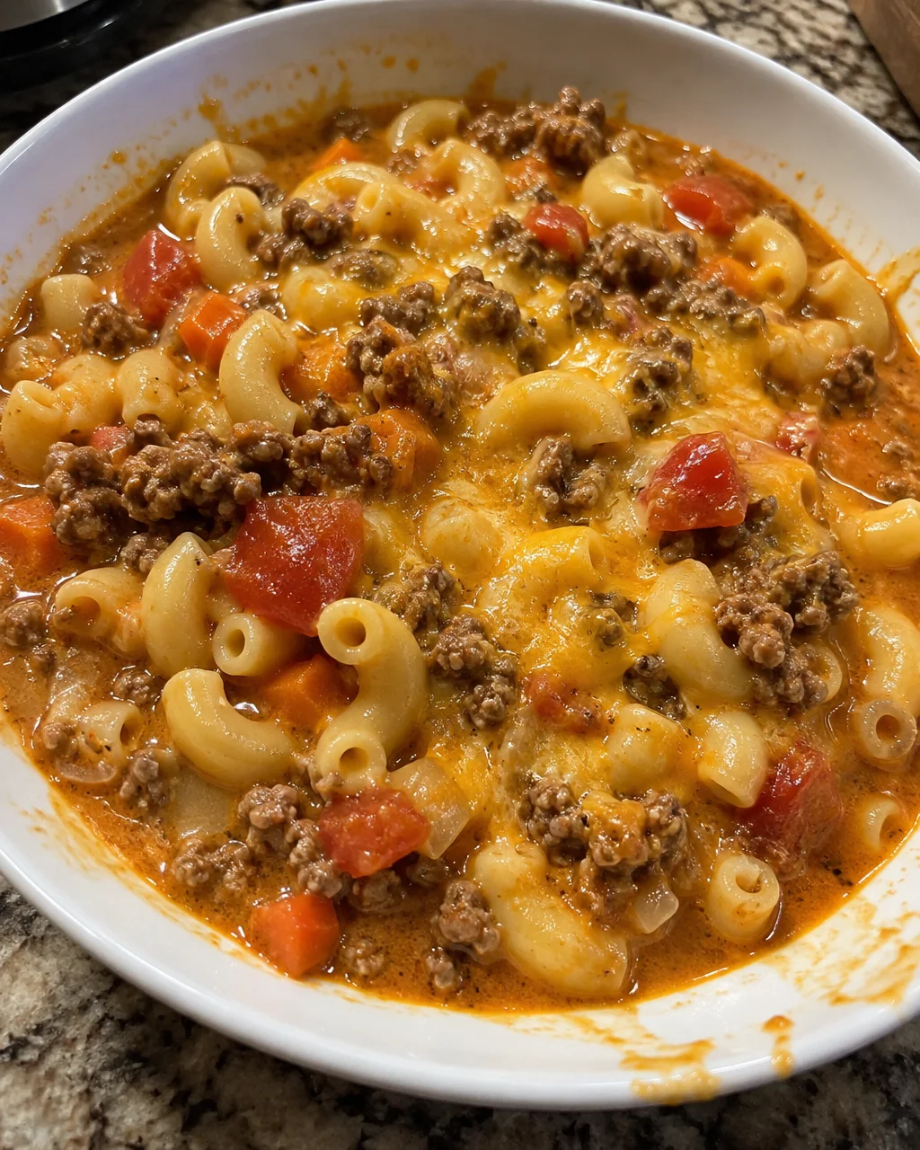 Bowl of slow cooker macaroni cheeseburger soup garnished with cheese and herbs.