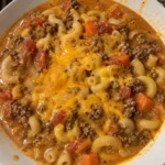 Bowl of slow cooker macaroni cheeseburger soup garnished with cheese and herbs