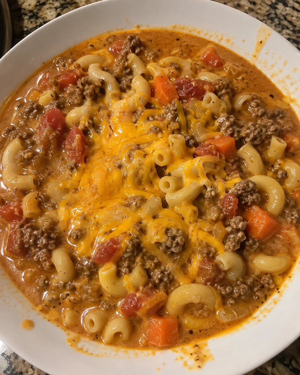 Bowl of slow cooker macaroni cheeseburger soup garnished with cheese and herbs