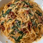 Plate of spaghetti with spinach and sun-dried tomato cream sauce