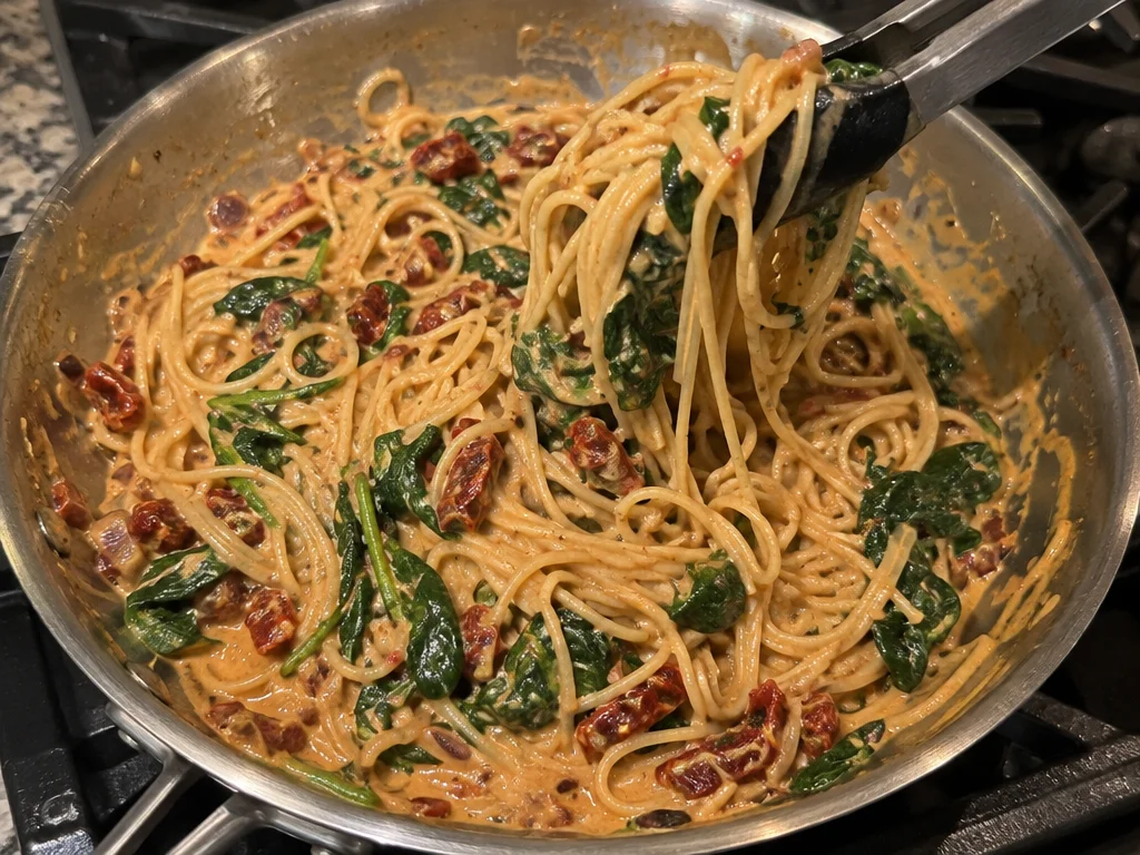 Spaghetti with Spinach and Sun-Dried Tomato Cream Sauce