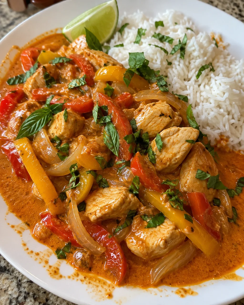 Delicious bowl of Thai Curry Coconut Chicken with vibrant vegetables and spices